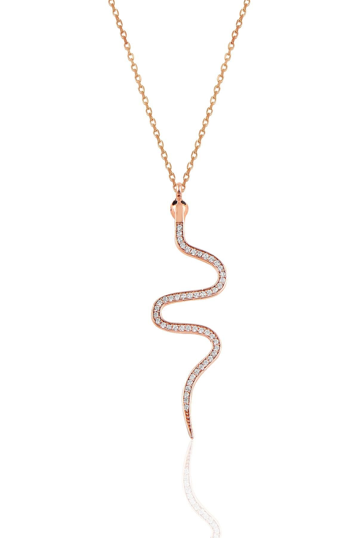 Gümüş rose zirkon taşlı yılan kolye SGTL10278ROSE
