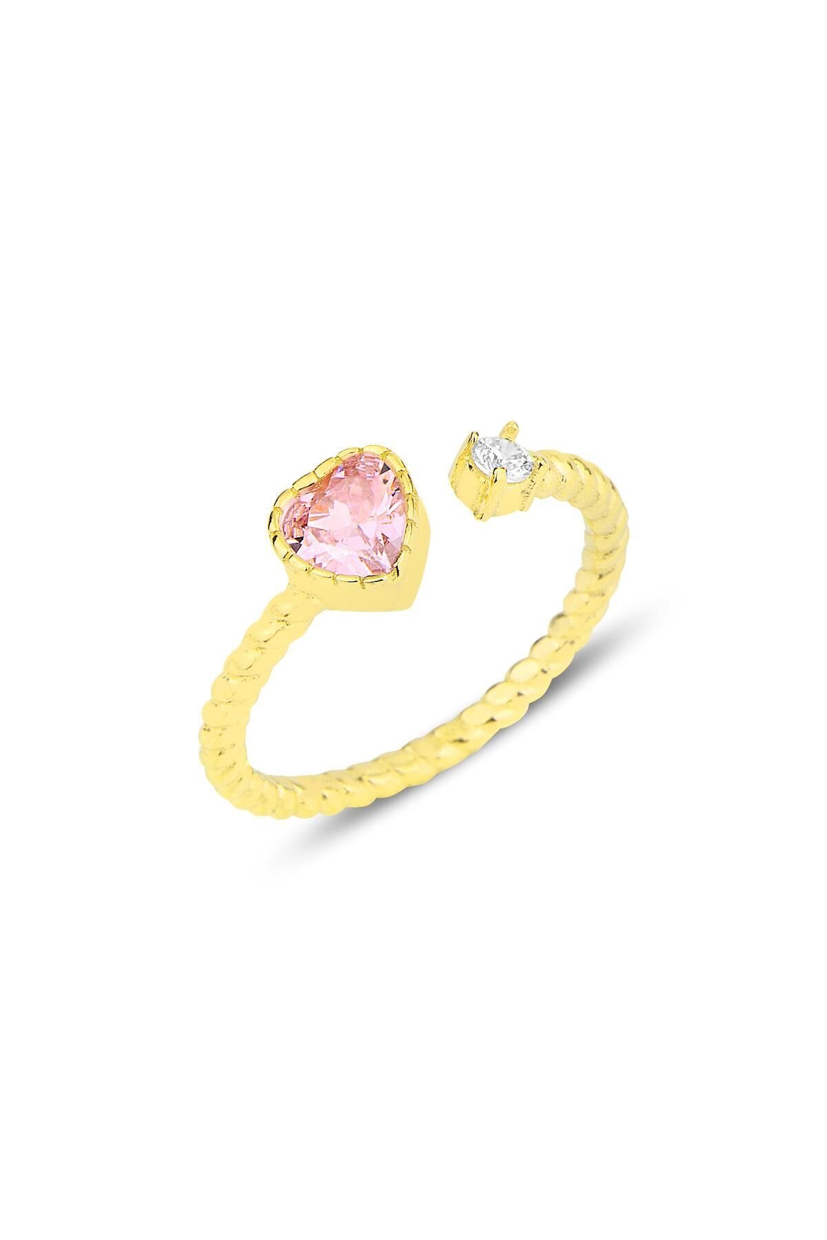 Gümüş altın yaldızlı pembe taşlı kalp modeli ayarlamalı yüzük SGTL12179GOLD