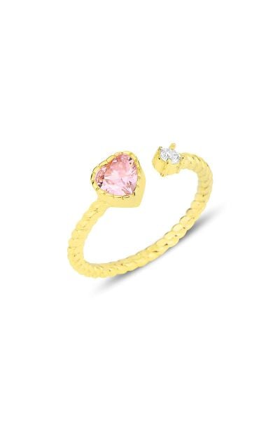 Gümüş altın yaldızlı pembe taşlı kalp modeli ayarlamalı yüzük SGTL12179GOLD