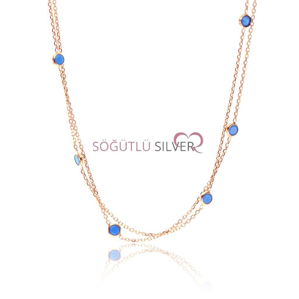 Gümüş rose Turkuaz sıra taşlı kolye SGTL7597