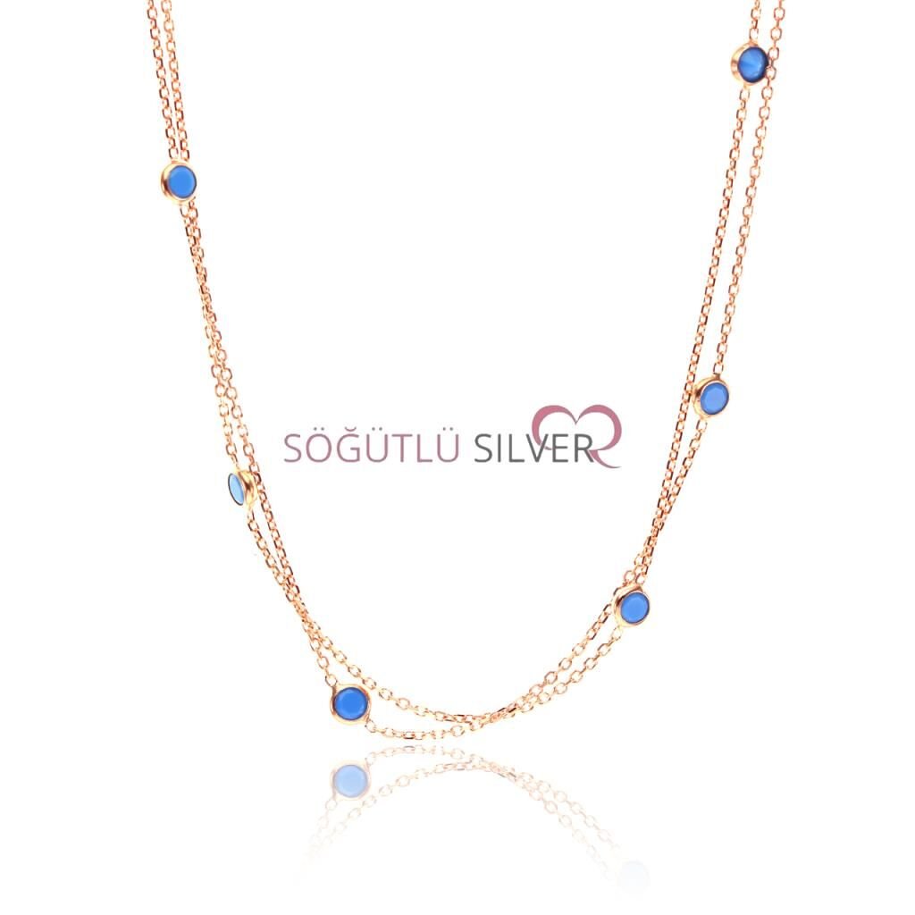 Gümüş rose Turkuaz sıra taşlı kolye SGTL7597