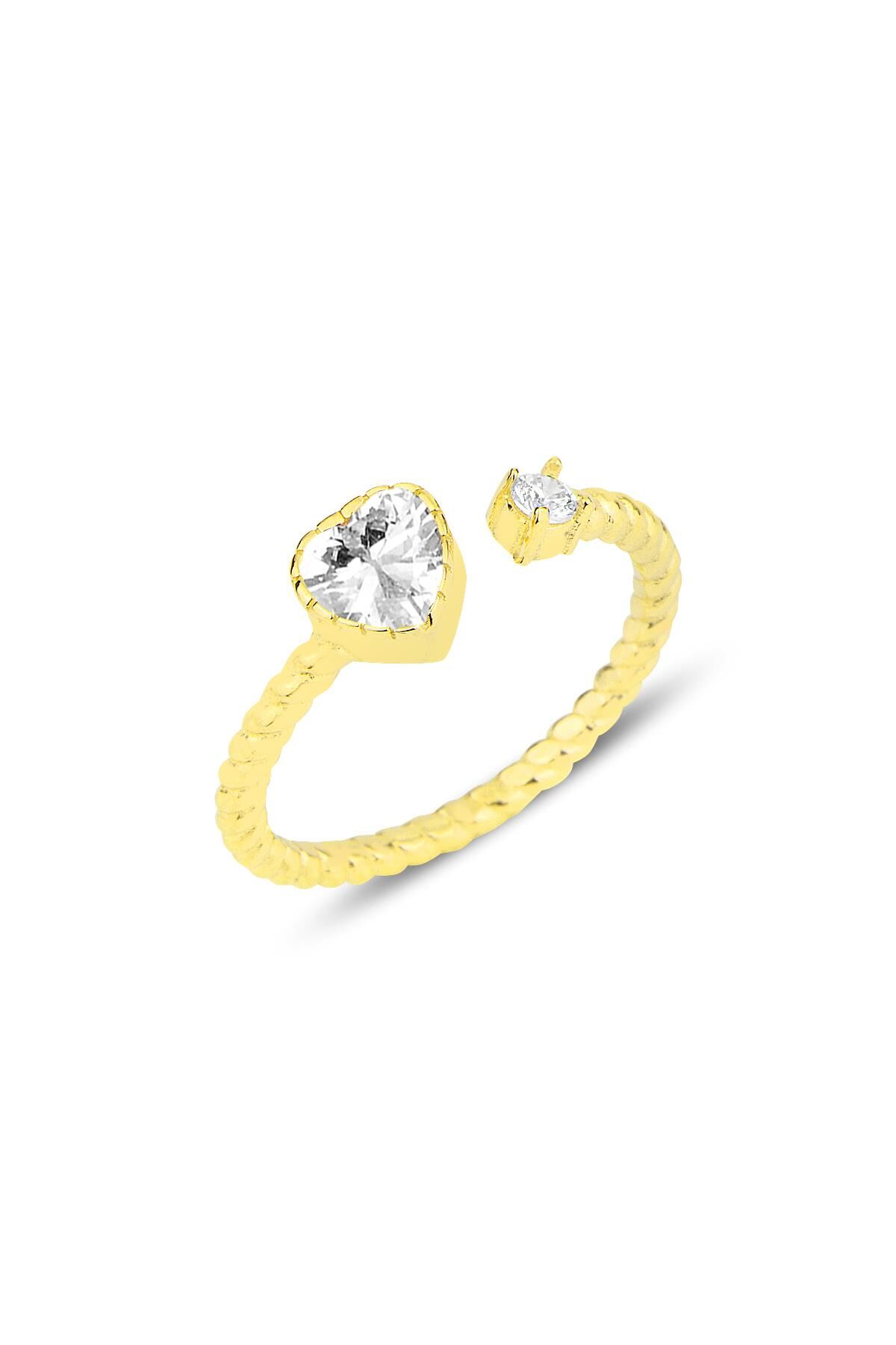 Gümüş altın yaldızlı zirkon taşlı kalp modeli ayarlamalı yüzük SGTL12180GOLD