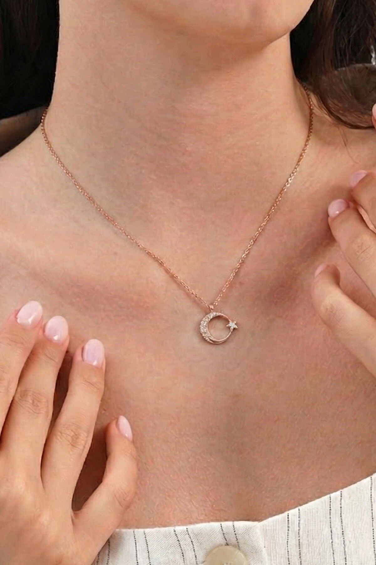 Gümüş rose zirkon taşlı ay yıldız kolye SGTL11187ROSE