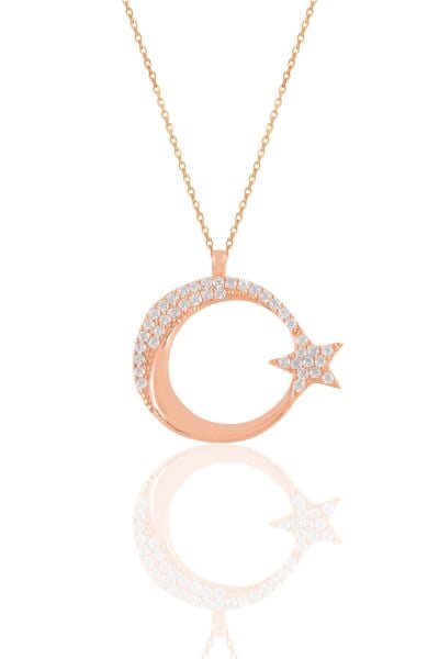 Gümüş rose zirkon taşlı ay yıldız kolye SGTL11187ROSE
