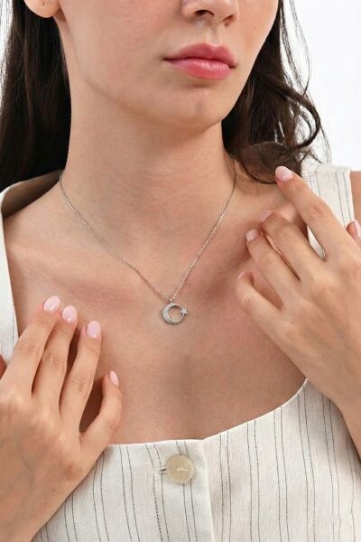 Gümüş rodyumlu zirkon taşlı ay yıldız kolye SGTL11187RODAJ