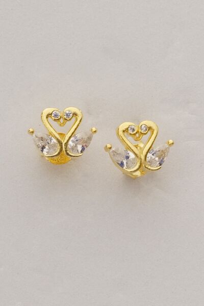 Gümüş altın yaldızlı damla kesim zirkon taşlı aşık kuğular küpe SGTL12839GOLD