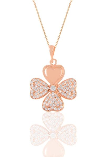 Gümüş rose zirkon taşlı dört yapraklı yonca kolye SGTL11186ROSE