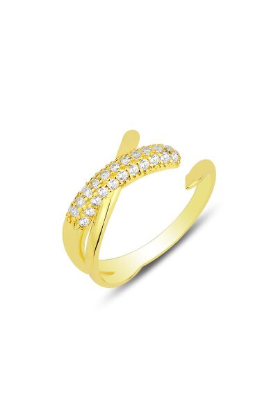 Gümüş altın yaldızlı zirkon taşlı trend ayarlamalı yüzük SGTL12166GOLD