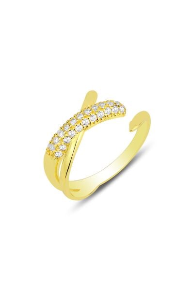 Gümüş altın yaldızlı zirkon taşlı trend ayarlamalı yüzük SGTL12166GOLD