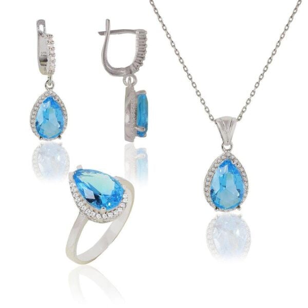 akuamarin taşlı damla üçlü set SGTL4187
