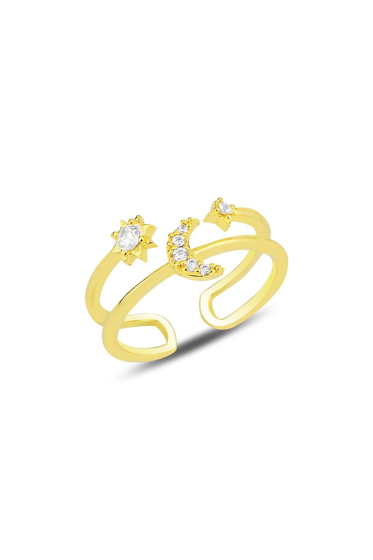 Gümüş altın yaldızlı zirkon taşlı ay ve güneş modeli ayarlamalı yüzük SGTL12162GOLD