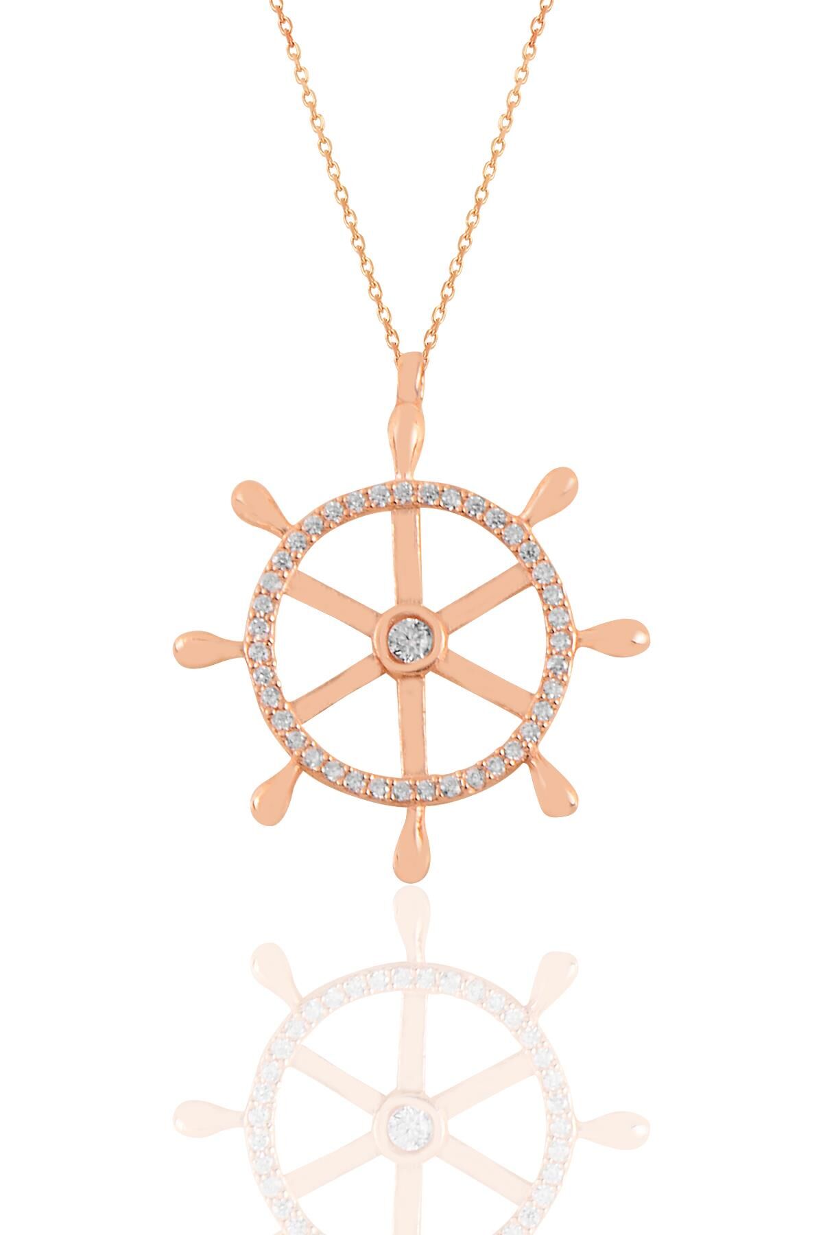 Gümüş rose zirkon taşlı gemi dümeni kolye SGTL11184ROSE