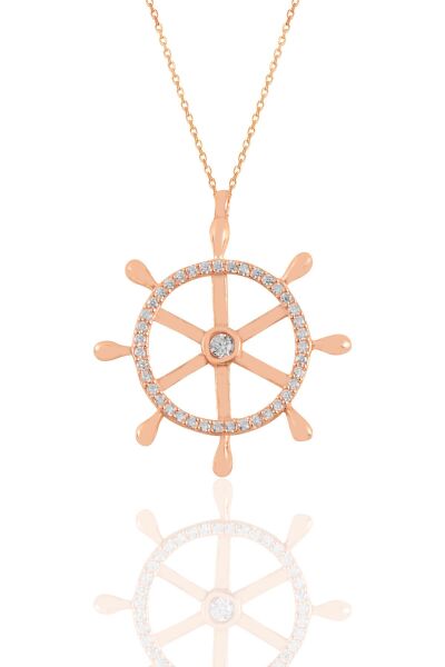Gümüş rose zirkon taşlı gemi dümeni kolye SGTL11184ROSE