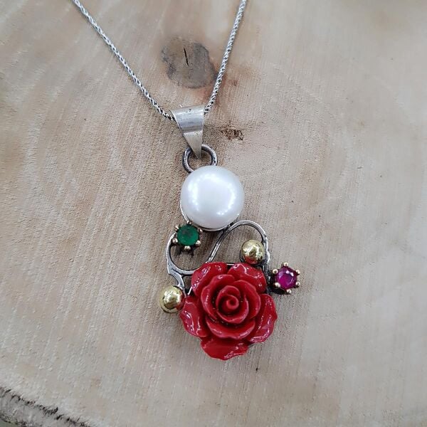 Gümüş inci ve mercan taşlı otantik kolye SGTL10770