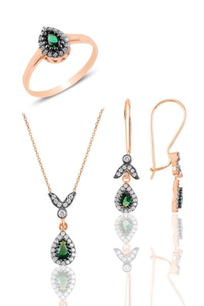 Gümüş rose kök zümrüt  taşlı damla üçlü set  SGTL10988ZUMRUT