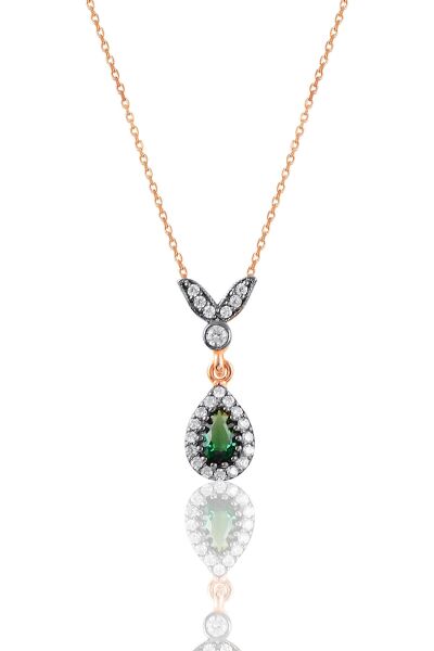 Gümüş rose kök zümrüt  taşlı damla üçlü set  SGTL10988ZUMRUT