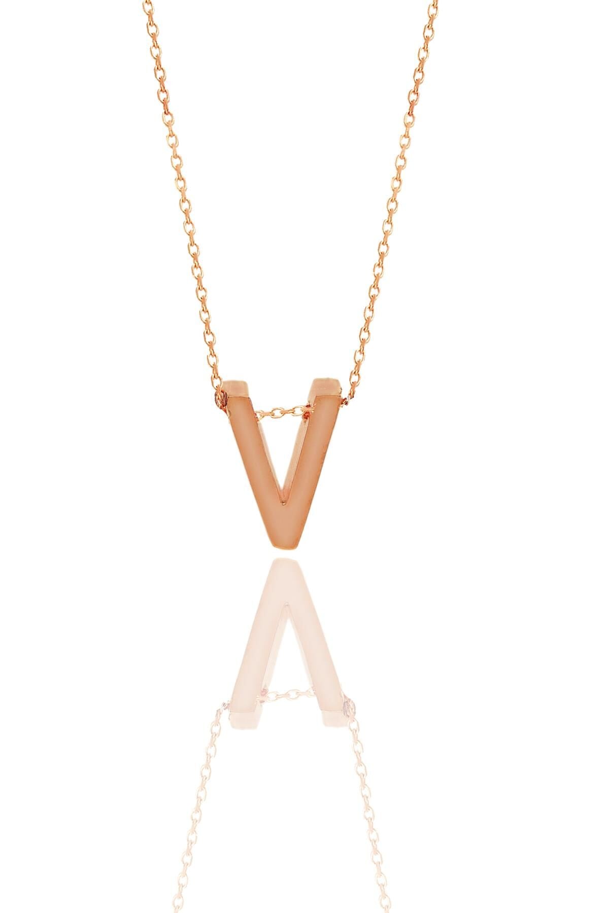 Gümüş rose üç boyutlu minimal V  harf kolye SGTL11182V