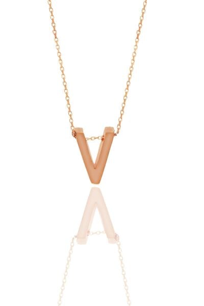 Gümüş rose üç boyutlu minimal V  harf kolye SGTL11182V
