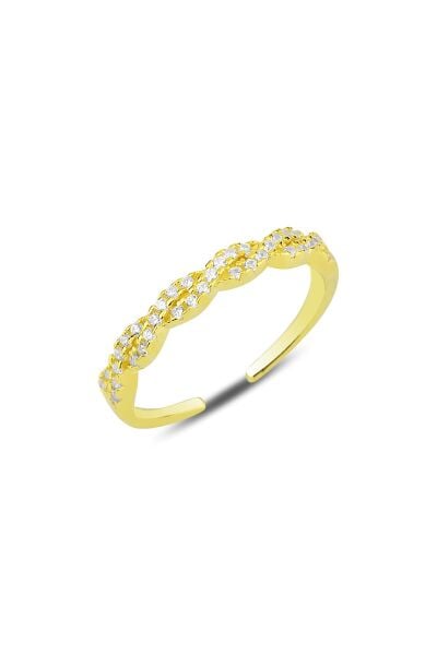 Gümüş altın yaldızlı zirkon taşlı örgü modeli ayarlamalı yüzük SGTL12156GOLD