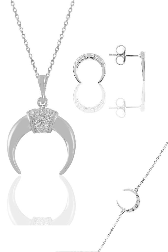 Gümüş rodyumlu zirkon taşlı ters  hilal kolye küpe ve bileklik üçlü set SGTL11415RODAJ