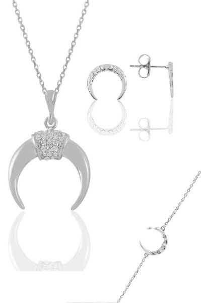 Gümüş rodyumlu zirkon taşlı ters  hilal kolye küpe ve bileklik üçlü set SGTL11415RODAJ