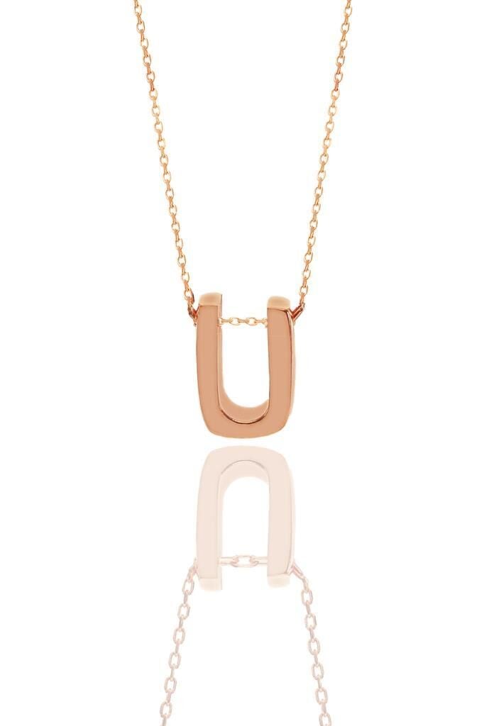 Gümüş rose üç boyutlu minimal Ü  harf kolye SGTL11182UU