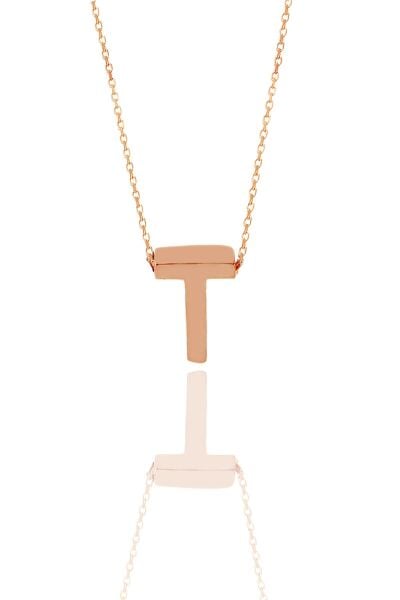 Gümüş rose üç boyutlu minimal  T harf kolye SGTL11182T