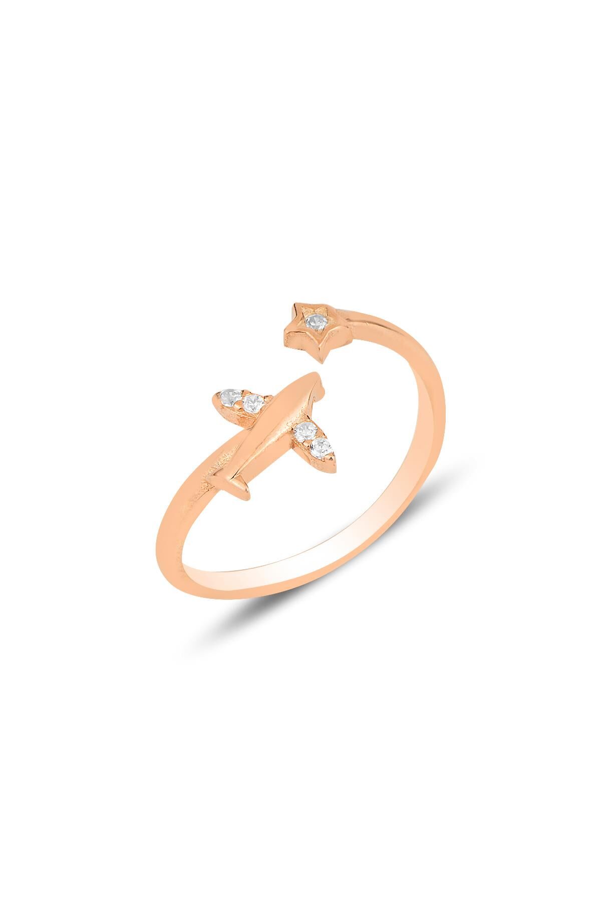 Gümüş rose zirkon taşlı uçak ve yıldız modeli ayarlamalı yüzük SGTL12152ROSE