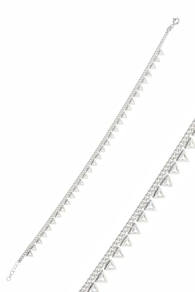 Gümüş rodyumlu zirkon taşlı  gurmet zincirli piramit halhal SGTL10530RODAJ