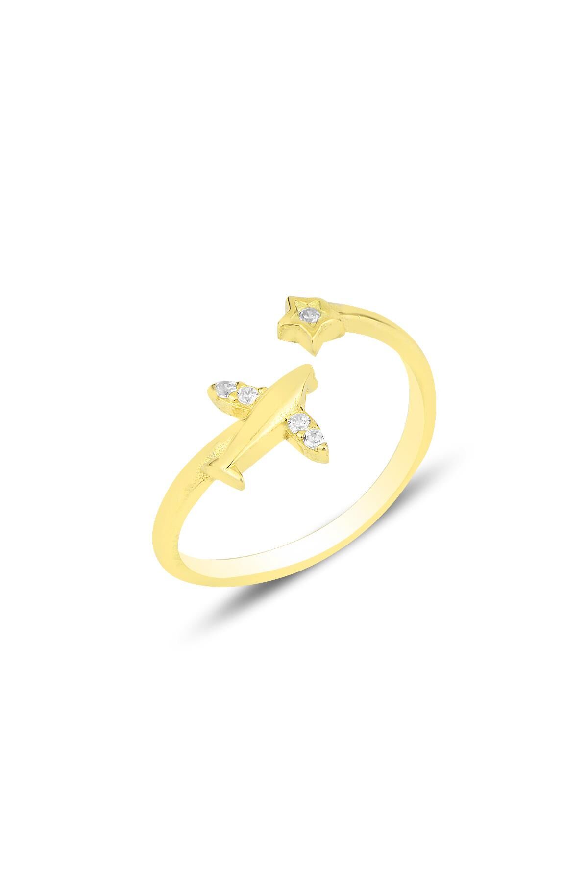 Gümüş altın yaldızlı zirkon taşlı uçak ve yıldız modeli ayarlamalı yüzük SGTL12152GOLD