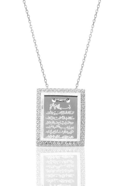 Gümüş çerçeveli zirkon taşlı Ayetel kürsü yazılı plaka kolye SGTL9074