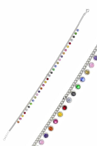 Gümüş rodyumlu renkli taşlı  gurmet zincirli halhal SGTL10532RODAJ