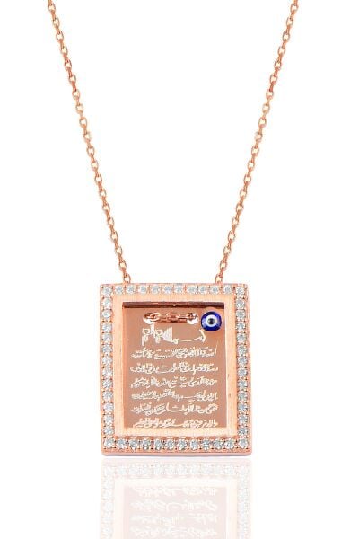 Gümüş rose çerçeveli zirkon taşlı Ayetel kürsü yazılı plaka kolye SGTL9075