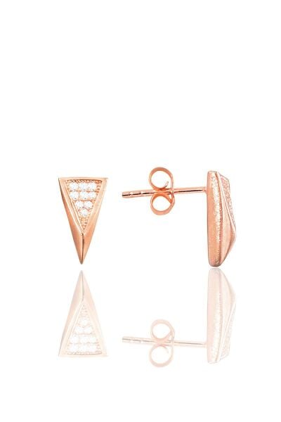 Gümüş rose zirkon taşlı özel tasarım üçgen küpe SGTL12148ROSE