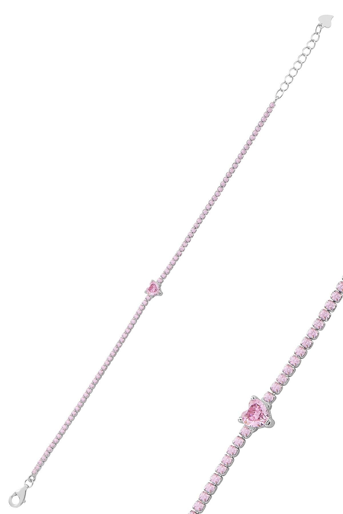 Gümüş rodyumlu pembe taşlı romantik kalp su yolu bileklik  SGTL12760PEMBE