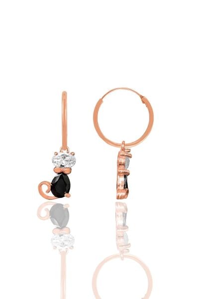 Gümüş rose zirkon ve onix taşlı özel tasarım kedi küpe SGTL12094ROSE