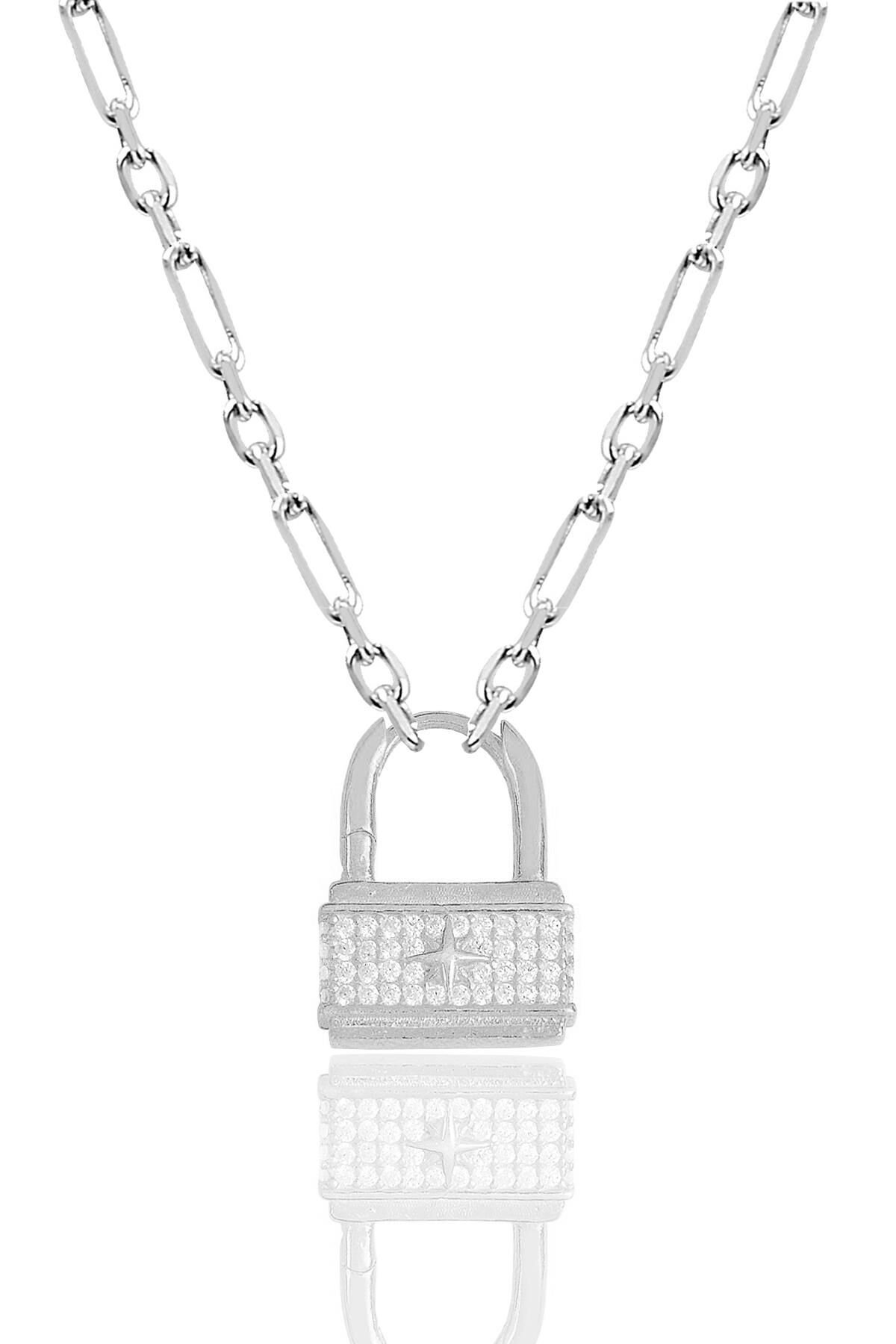 Gümüş rodyumlu zirkon taşlı figaro zincirli kilit kolye SGTL12141RODAJ