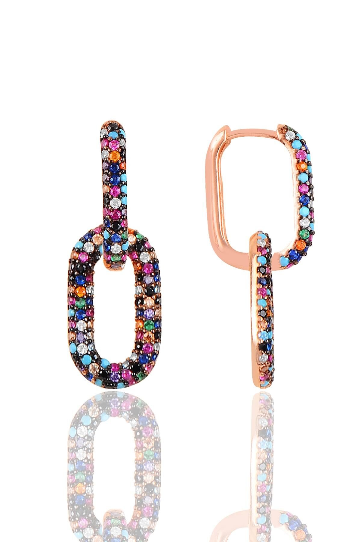 Gümüş rose renkli taşlı sallantılı trend küpe SGTL12113RENKLI