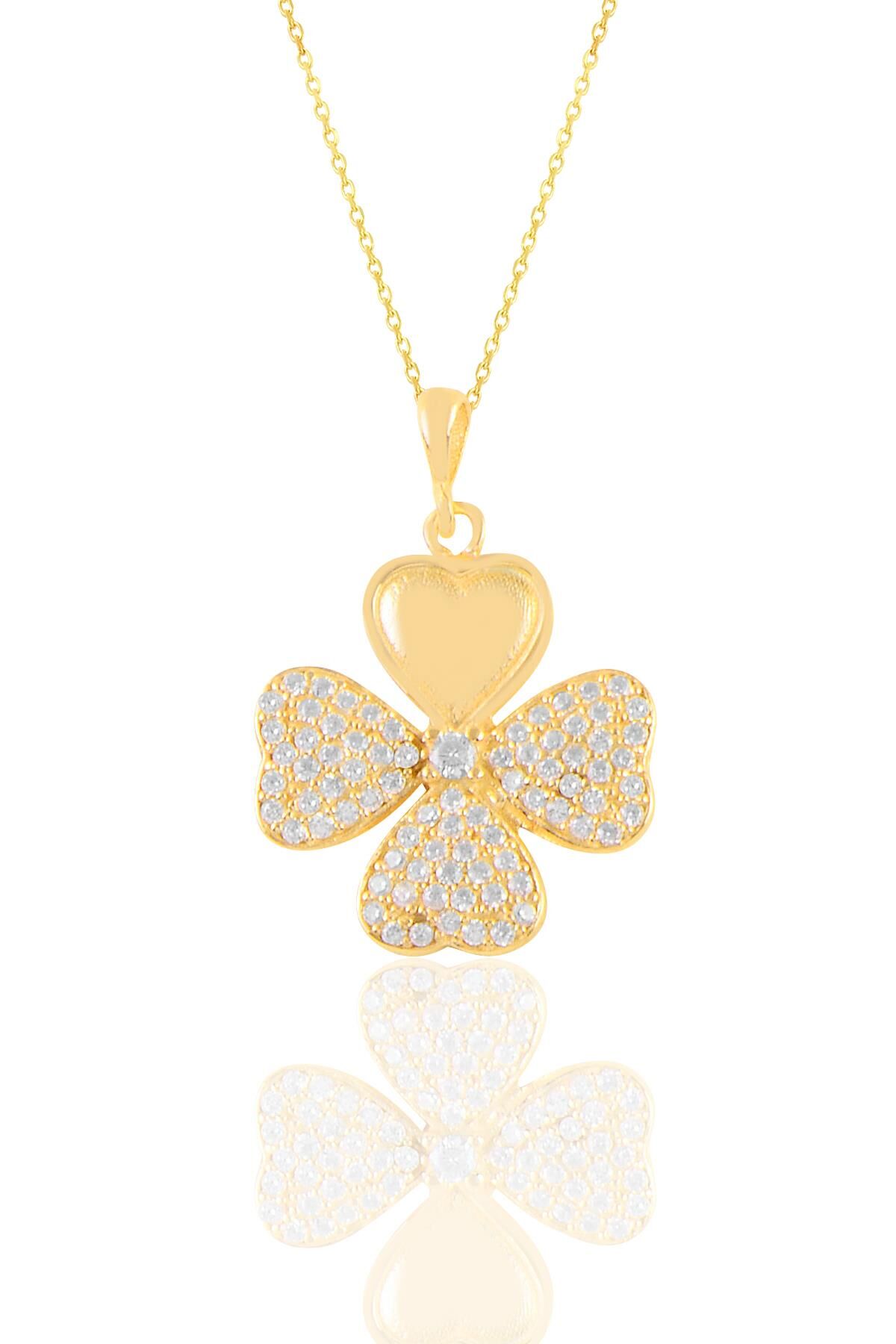 Gümüş altın yaldızlı zirkon taşlı dört yapraklı yonca kolye SGTL11186GOLD