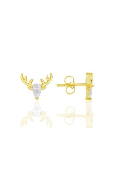 Gümüş altın yaldızlı zirkon taşlı geyik küpe SGTL11705GOLD