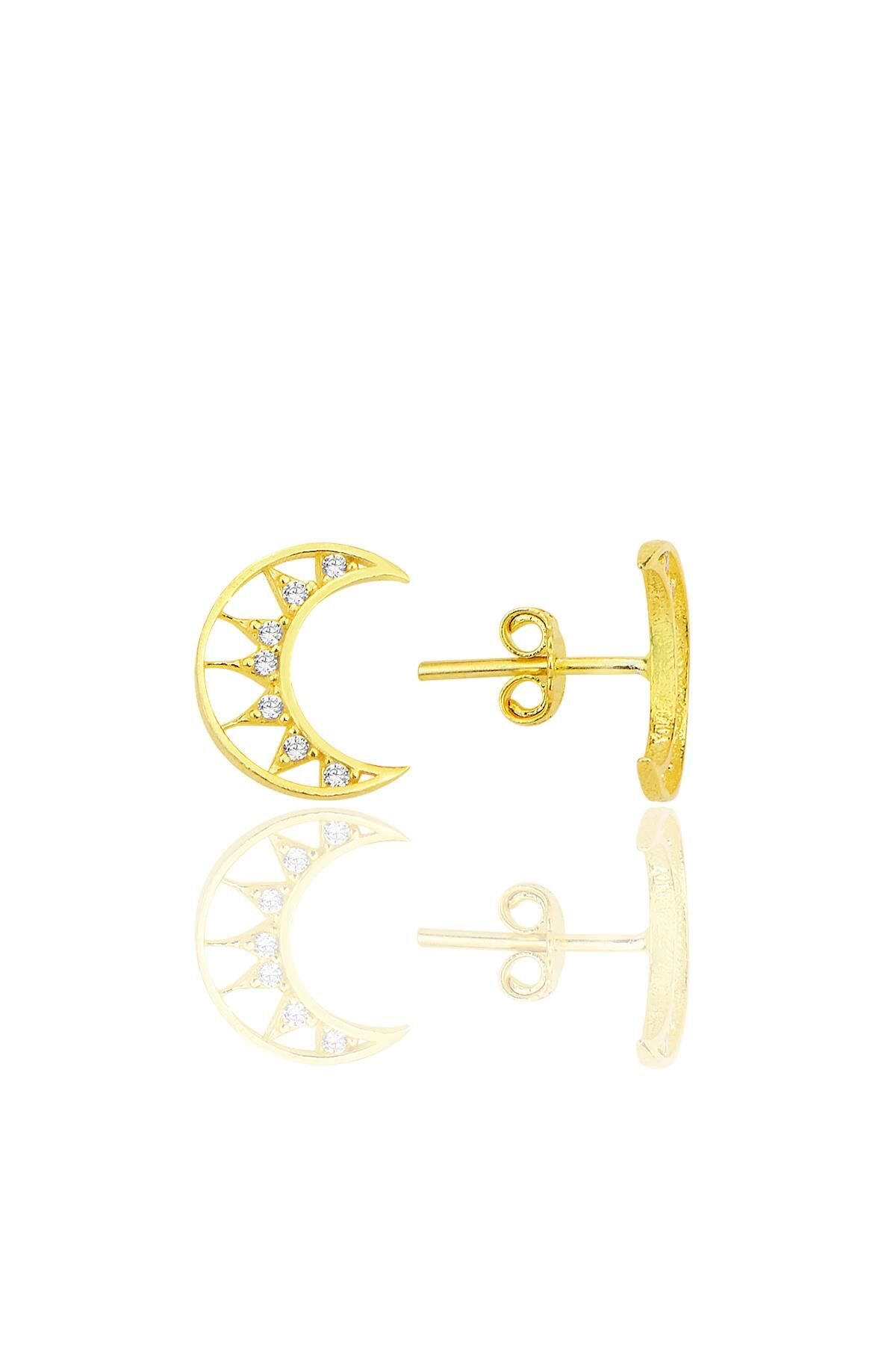 Gümüş altın yaldızlı zirkon taşlı hilal küpe SGTL12263GOLD