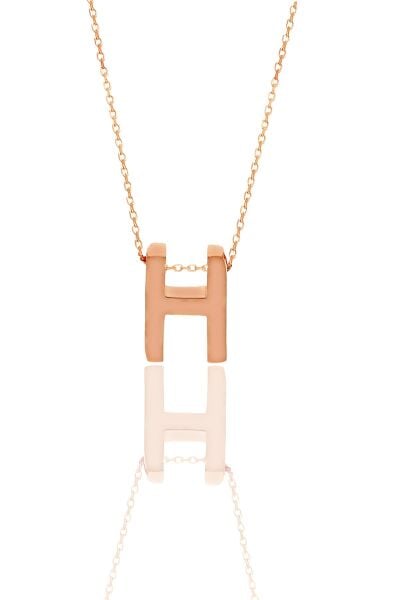 Gümüş rose üç boyutlu minimal H   harf kolye SGTL11182H