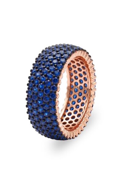 925 Ayar Gümüş Yüzük 5 Sıra Safir Taşlı Kalın Tamtur Yüzük -Rose Gold Kaplama Işıltılı ve Dolgun Fantezi Yüzük