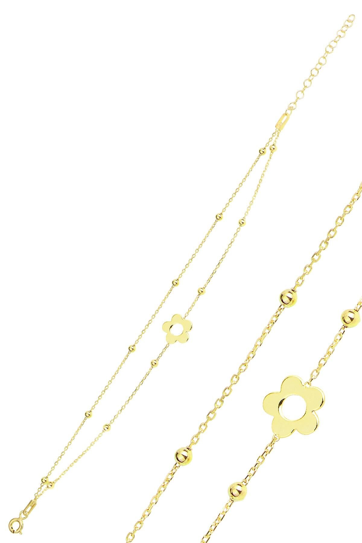 Gümüş altın yaldızlı top top çift zincirli çiçek bileklik SGTL12278GOLD