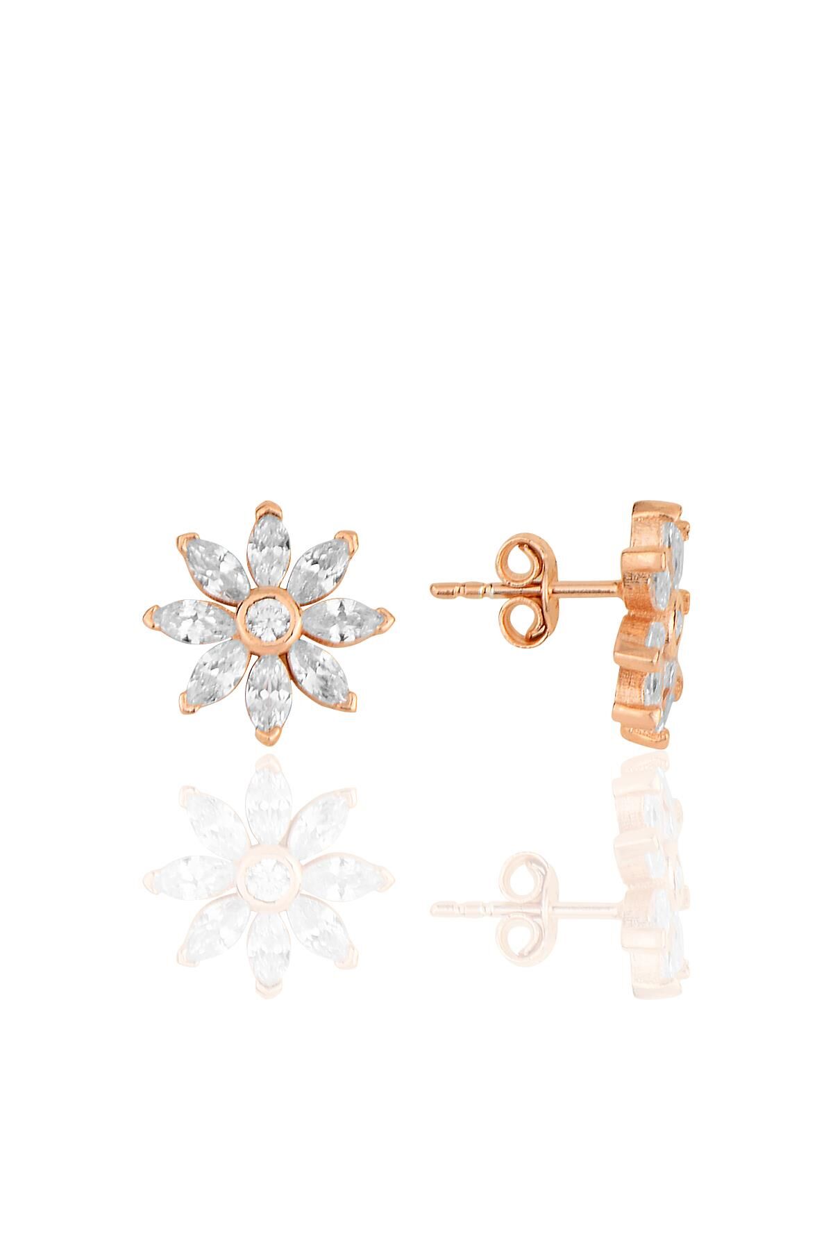 Gümüş rose mekik kesim zirkon taşlı papatya küpe SGTL11704ROSE