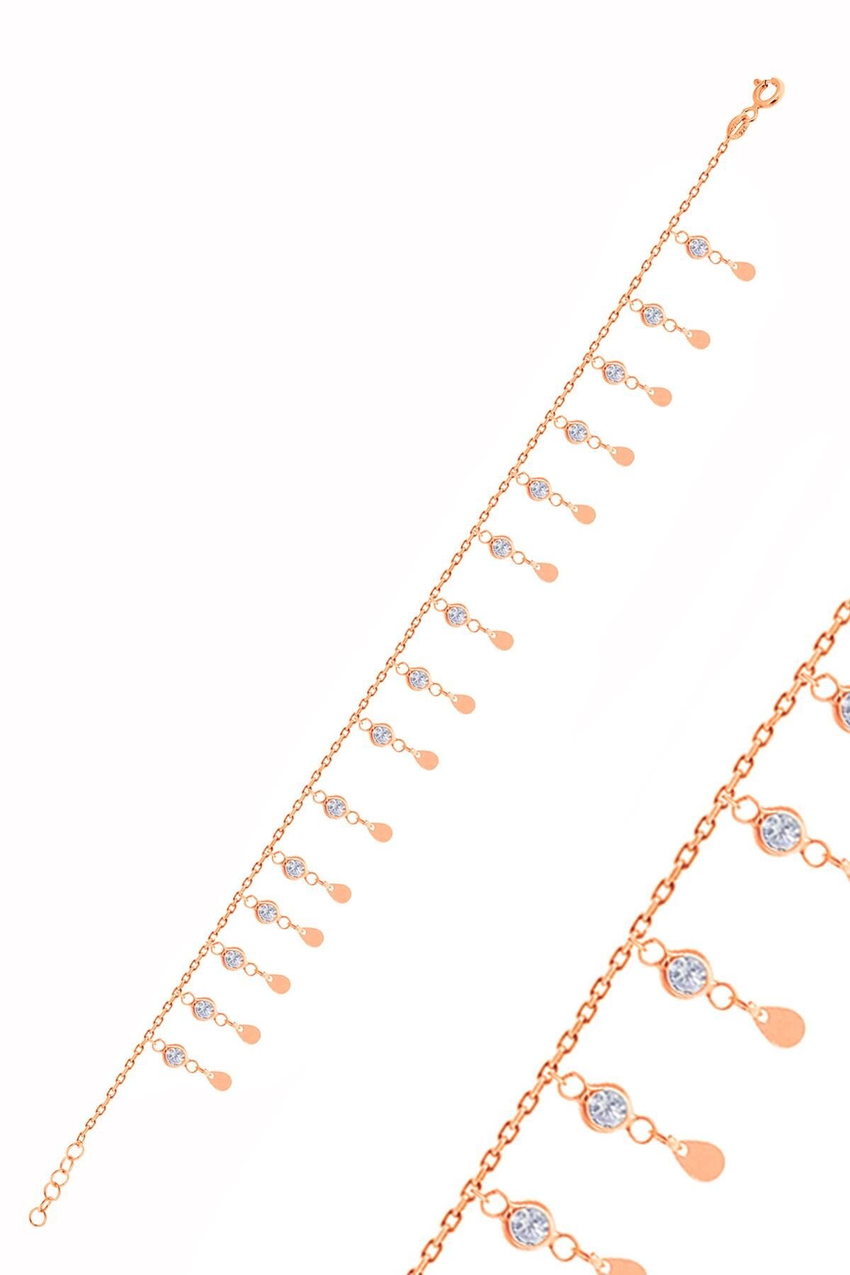 Gümüş rose zirkon taşlı çift sıra damla pullu halhal SGTL10535ROSE