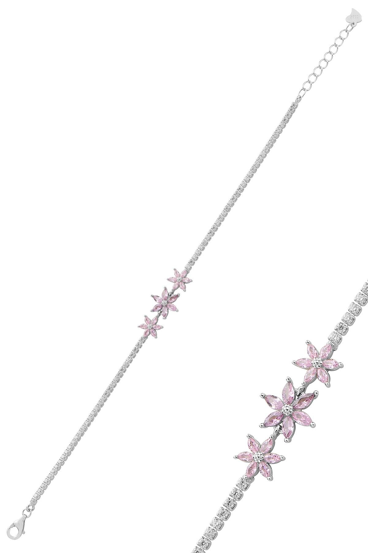 Gümüş rodyumlu markiz kesim pembe taşlı lotus çiçekler su yolu bileklik SGTL12761PEMBE