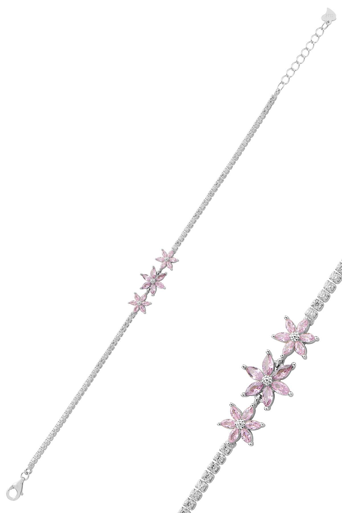 Gümüş rodyumlu markiz kesim pembe taşlı lotus çiçekler su yolu bileklik SGTL12761PEMBE