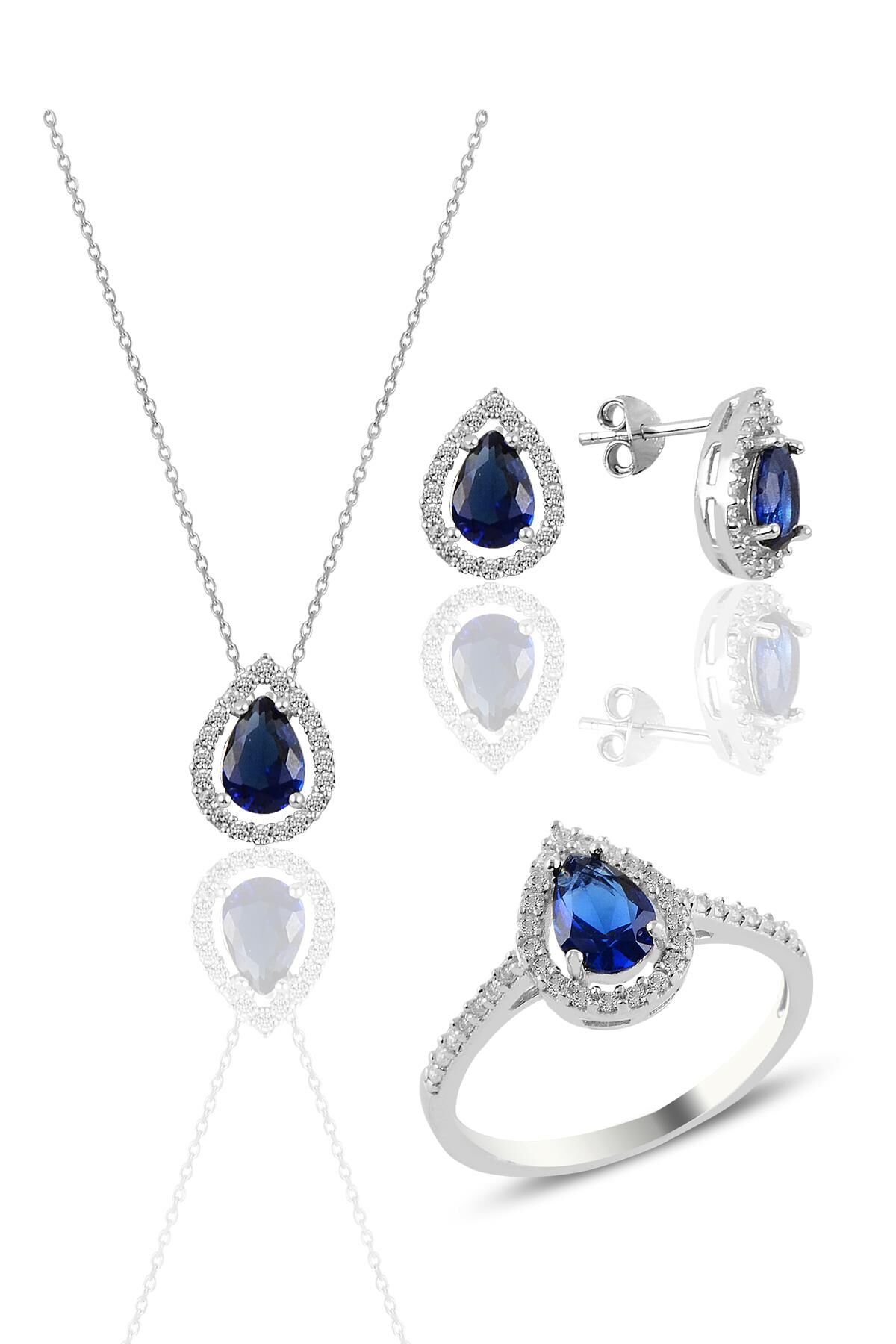 Gümüş rodyumlu safir taşlı damla modeli üçlü set SGTL11003LACI