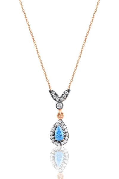 Gümüş rose akuamarin taşlı damla kolye SGTL10989MAVI
